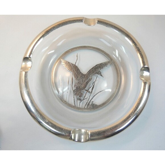 Vtg Sterling Silver Overlay On Crystal Ducks In Flight Ashtray Fine Detail - Picture 1 of 5